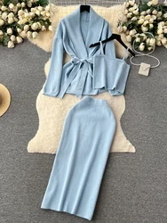 France Fashion Blue Knitted 3 Piece Set Women Lace Up Warm Cardigans+Camis+Long Skirt Female Elegant Warm Thick Sweater Suits