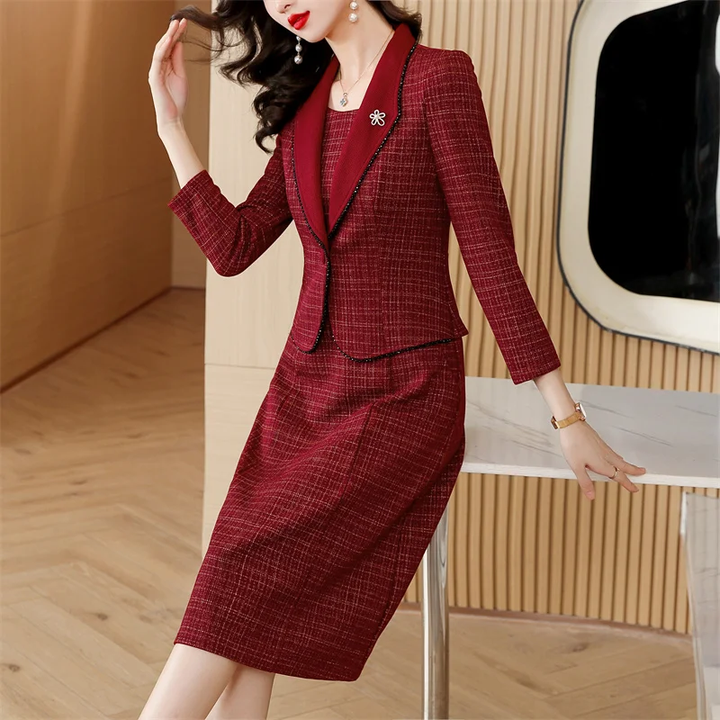 2023 Autumn/Winter New Women\'s Suit Coat Long Dress Two Piece Set Loose Large Casual Plaid Print Jacket Knee Length Dress Set