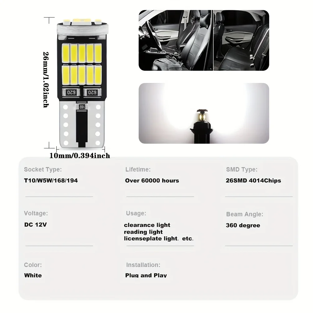10/20PCS W5W T10 LED 전구 캔버스 4014 SMD 6000K 168 194... - 5