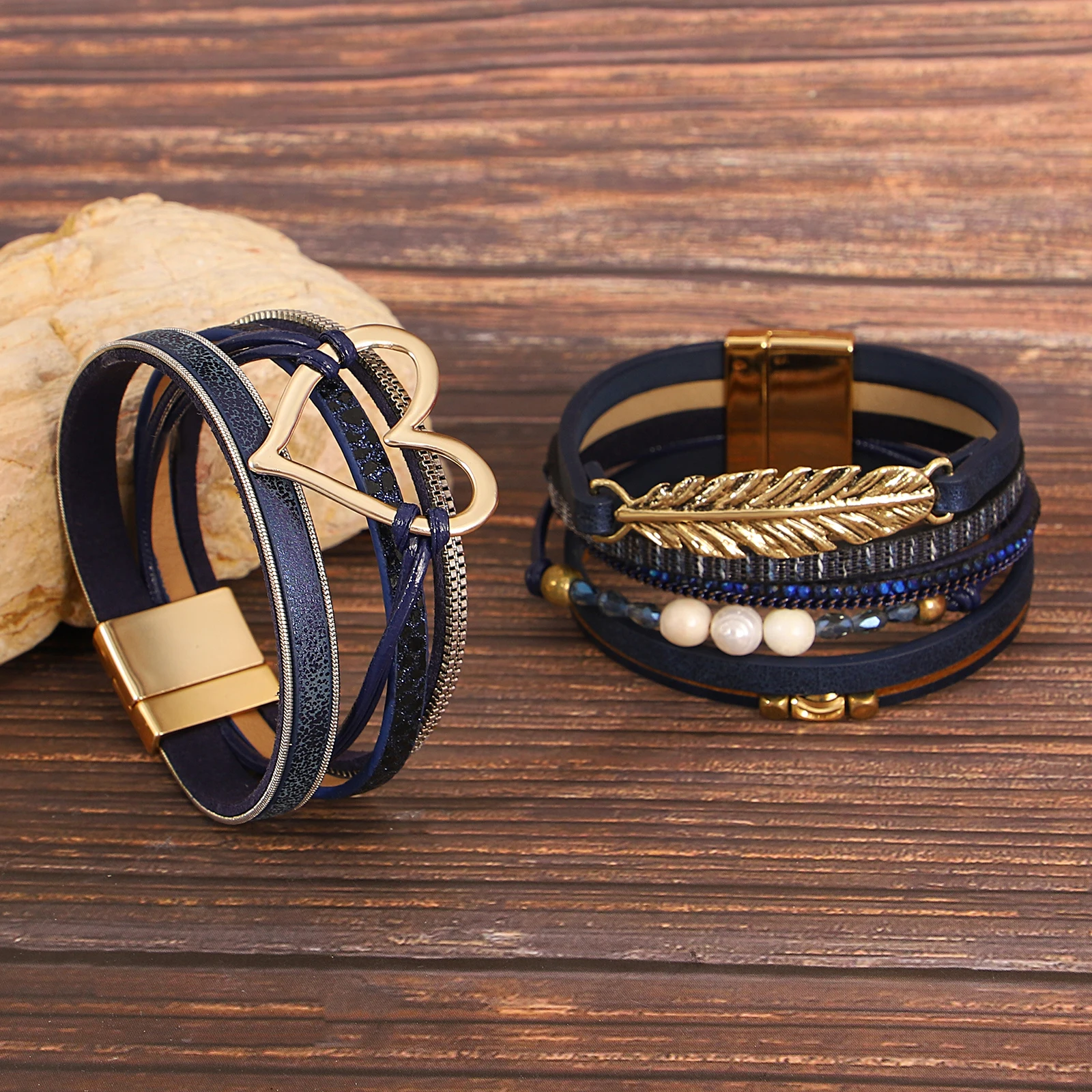 

Amorcome Classic Metal Feather Heart Leather Bracelet for Women Stackable Multilayer Wrapped Bracelet Bangle Woven Jewelry Gift