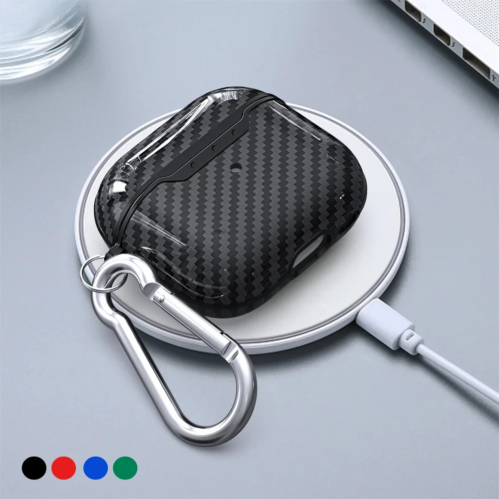 Business SLE Carbonfaser-Muster Kopfhörer-Hülle für Airpods 4 3 3 1 Pro 3 2 Kabellose Bluetooth-Kopfhörer Schutzhülle mit Haken