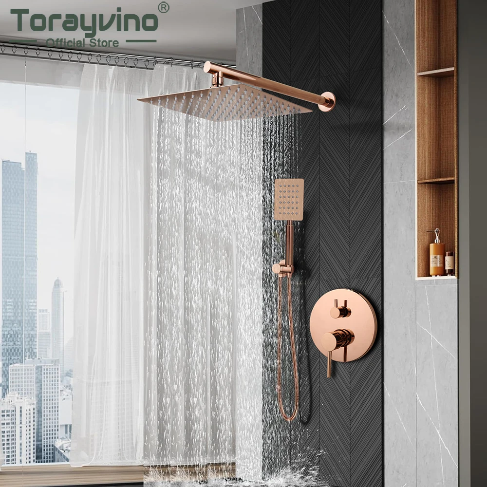 Torayvino Rose Gold Bathroom Shower System Rectangle Rainfall Wall Mounted Hand Shower Rotate Spout Mixer Water Tap Combo Kit