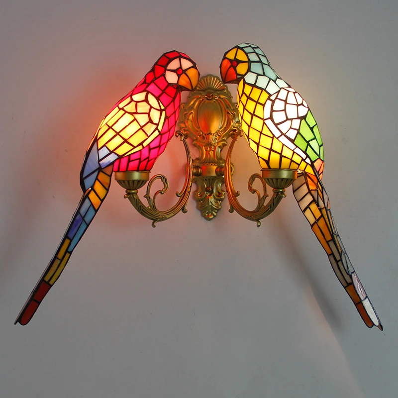 Tiffany double wall lamps pair sconce fixture stained glass bird dragonfly sunflower rose design 2 lights flower retro parrots