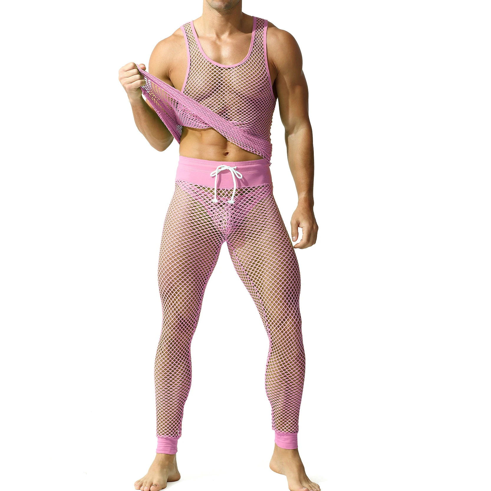 

Men's Sexy Fishnet Tank Tops + Leggings Sheer Tight Pants Hollow Out Sleeveless T-shirts Men Clothing Set for Club Sport Fitness