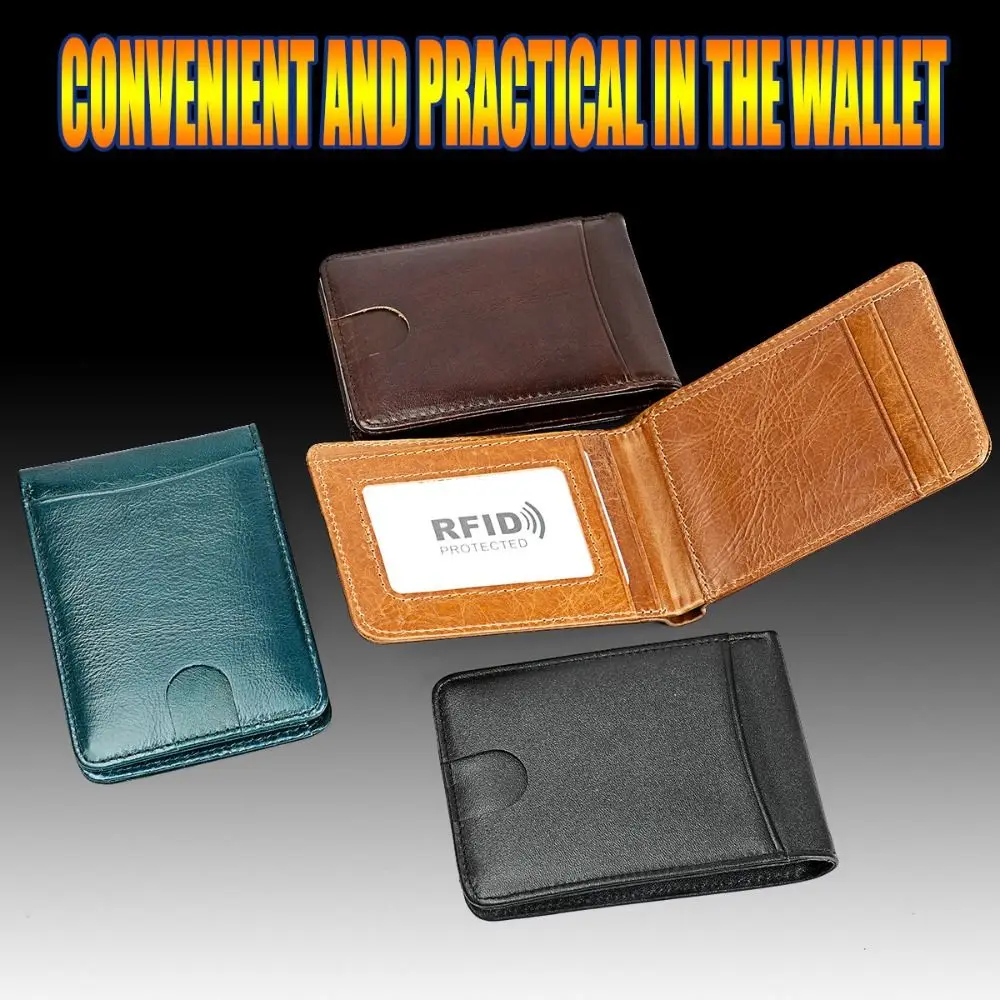 Minimalist Men's Leather Slim Wallet ID Window 6 Card Slots Money Clip for Men Cowhide Leather Low Profile