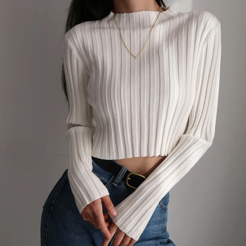 Women American retro stand collar solid color simple slim fit fashion short knitted long-sleeved sweater white one size