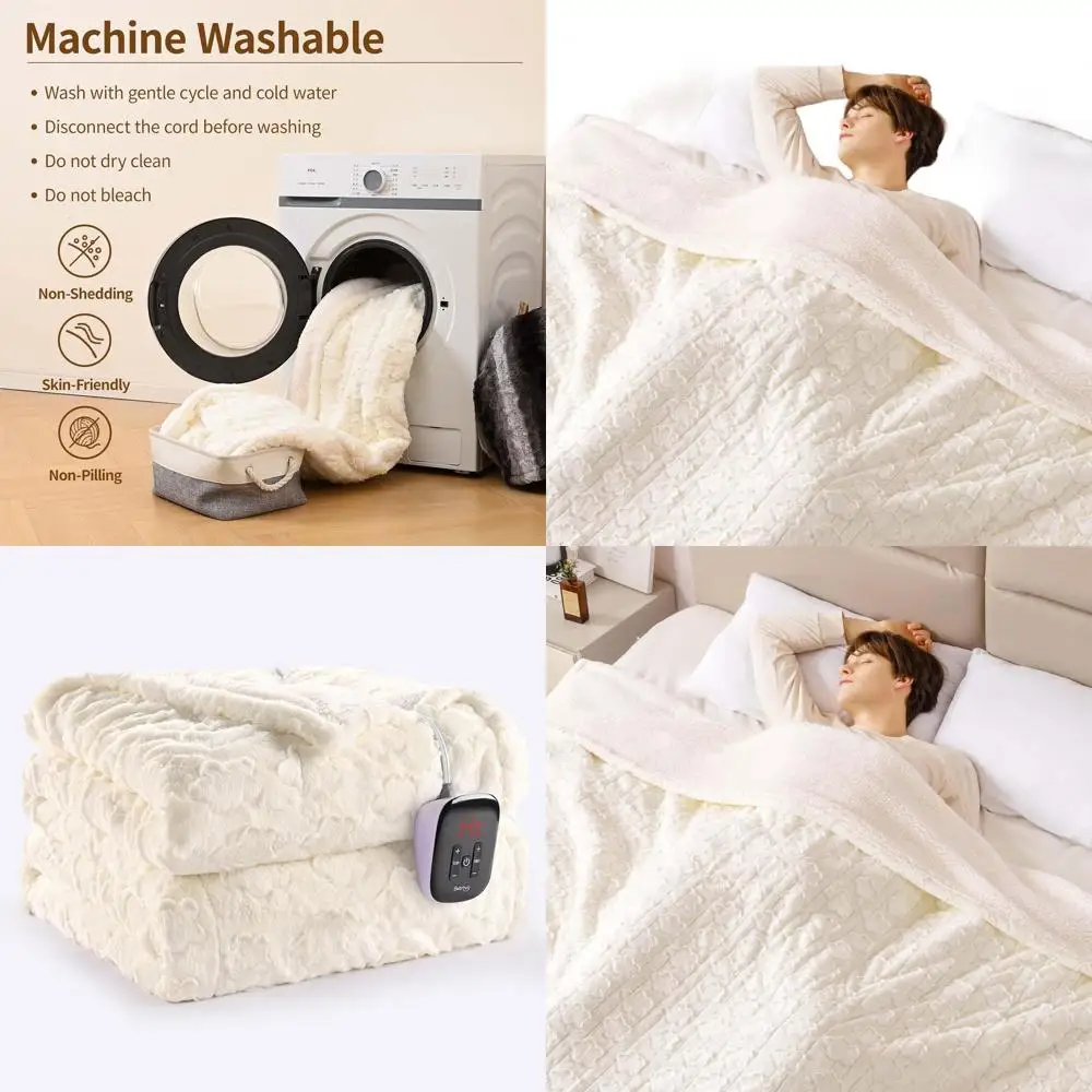 

Twin Size 62x84 White Flower Faux Fur & Sherpa Electric Blanket with 10 Heat Levels and 1-12H Auto Off, Machine Washable