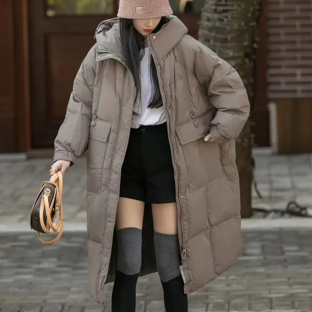 Women\'s Winter Coats 2024 Solid Color Long Down Coats Hooded Vintage Thick Warm 90% White Duck Down Oversize Woman Coat