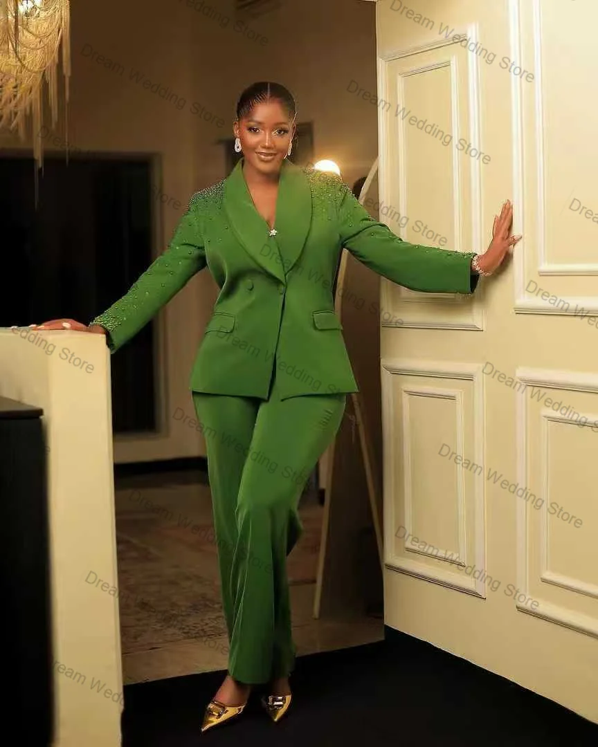 

Green Cotton Women Suit Set 2 Pcs Blazer Pants Trousers Luxury Crystals Formal Office Lady Jacket Customized Guest Wedding Coat