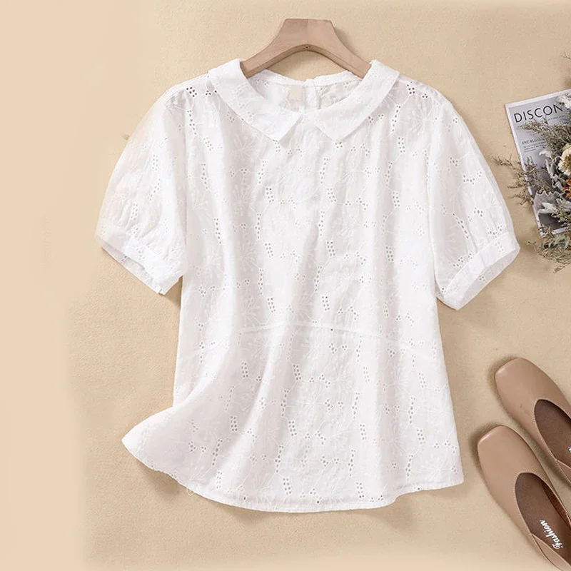 Cotton and Linen Hollow Jacquard Short-sleeved Shirt 2024 Summer New Women\'s Doll Collar Fashion Temperament Casual Blouse Z627