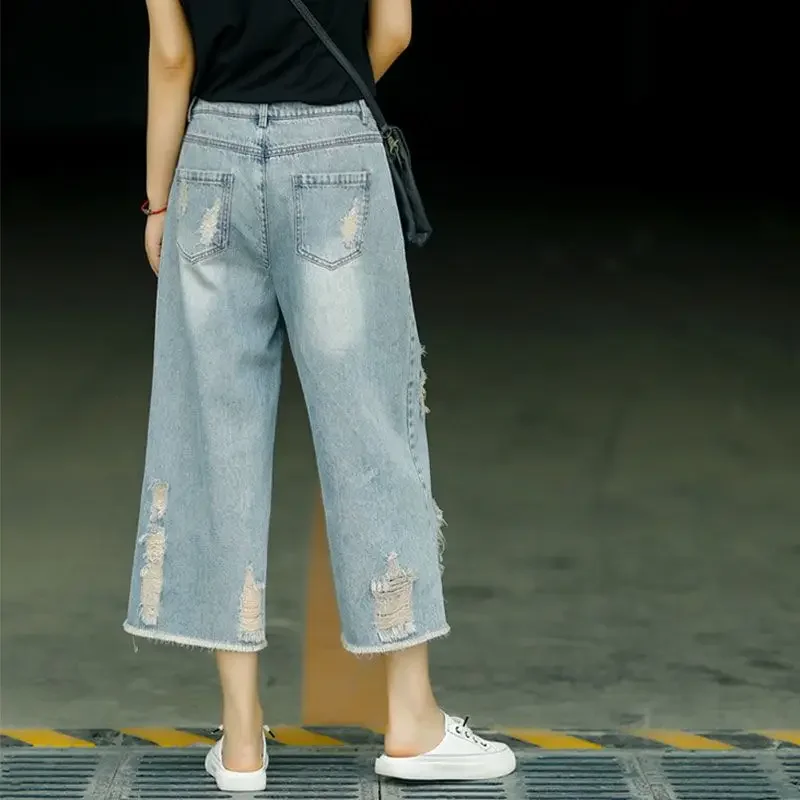 Capri Jeans Frau zerrissen Jean Sommerkleid ung Baggy Capri Hosen weites Bein Denim hohe Taille lose koreanische Bewertungen viele Kleidung Frauen