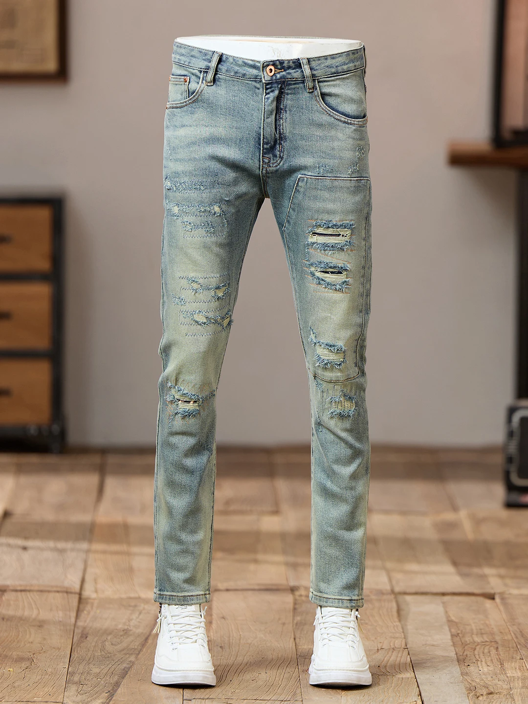 

High-End Men's Distred Patchwork Denim Jeans Elastic Slim Fit Vintage Waed Casual Long Trousers mid Waist Zipper Closure
