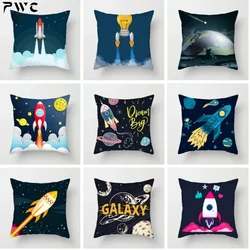 Cartoon Spacecraft Outer Space Print Pillow Cushion Cover Astronaut Rocket Polyester Pillowcase Decorative for Sofa 45X45cm