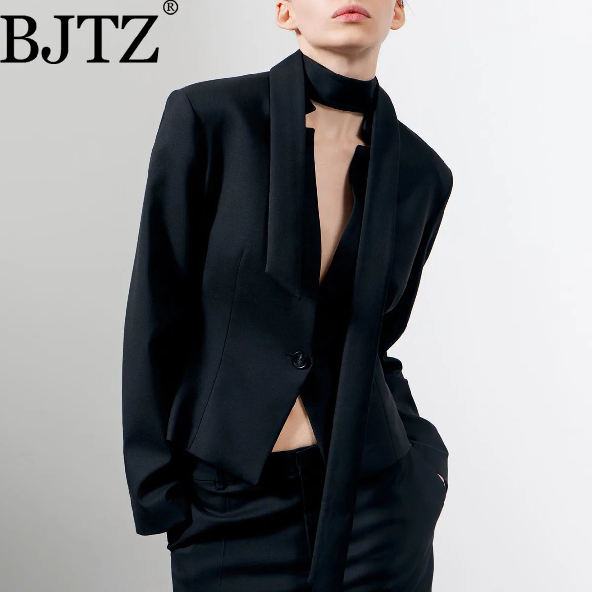 

BJTZ 2026 Spring Autumn Women's Solid Color V-neck Scarf Decor Blazer Long Sleeve Casual Loose Fashion Outerwear Top