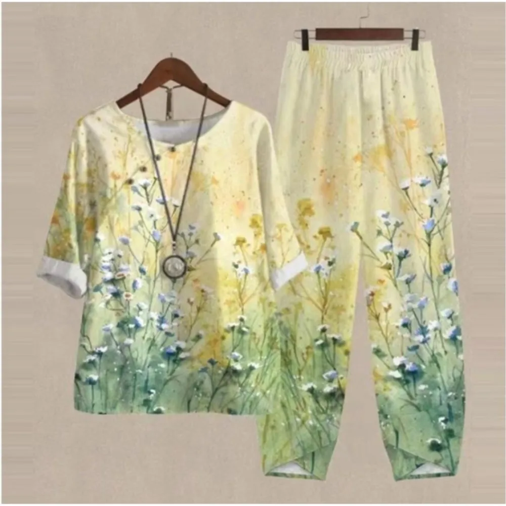 Elegant Suit Two Piece Sets Women Fashion Print Retro Style Outfits Casual Loose Half Sleeve Shirt + High Waist Pants Sets