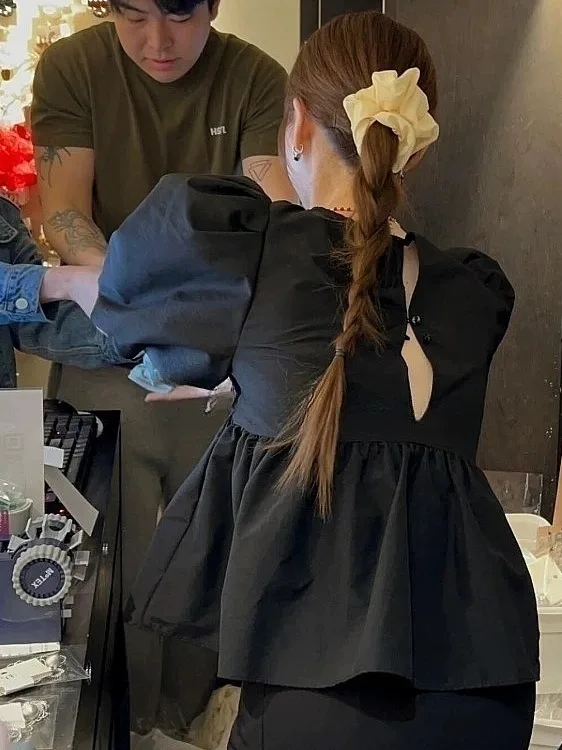 Faionable Bla Bubble Sve irt Women's ort Sve Chic Versatile Top Commute Sle Loose Fit ort Length  Color