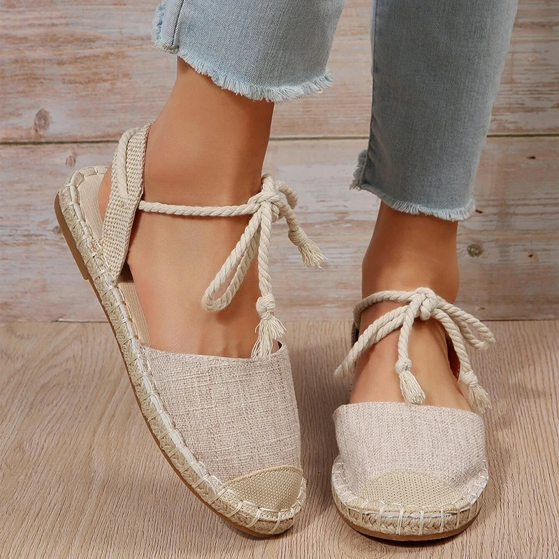 Lace-up Flats Summer Sandal Elegance Women Comfy Shoes Fastener Ankle Strap Espadrilles Linen Vacation Flats Sandals