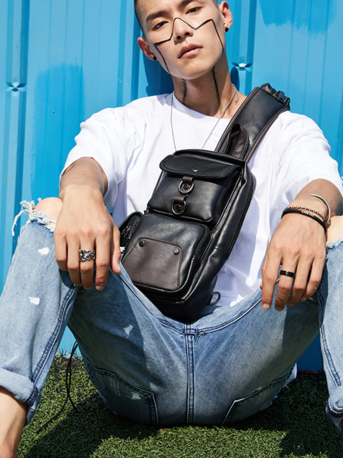 Fashionable Contrast Color Leather Men's Chest Bag Portable Casual Single Shoulder Bag Street Trend Soft PU Small Size