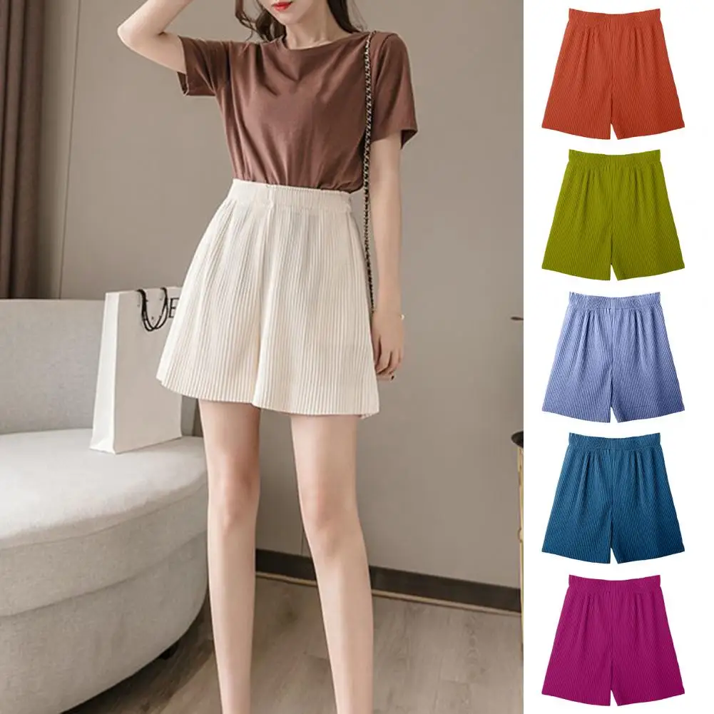 Женские шорты с эластичной резинкой и высокой талией, однотонные повседневные шорты свободного покроя, летние широкие шорты