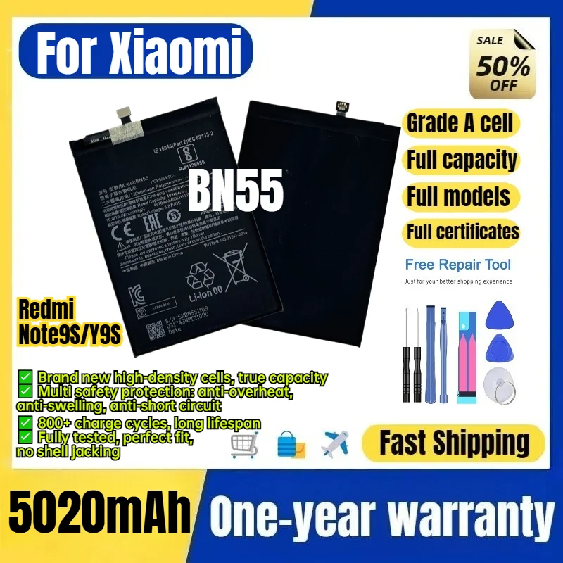 BN55 for MIUI Xiaomi Redmi Note9S/Y9S Phone Battery 0 Cycle  High Capacity Battery Replacement Bateria Grade A Cell with Tools