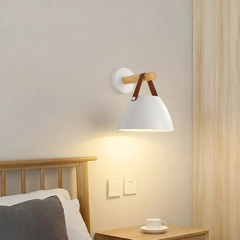 LED Bedside Wall Lamp Nordic Wood Leather Belt Hanging Sconces For Bedroom Study Living Room Modern Home Indoor Decorative Light