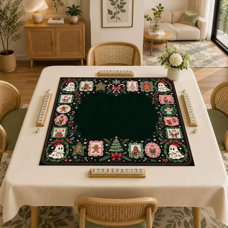 VIKAMA Christmas Mahjong Mat Dark Green Stamp Non Slip Table Cover For Mahjong Poker Card Game Family Party Holiday Decor