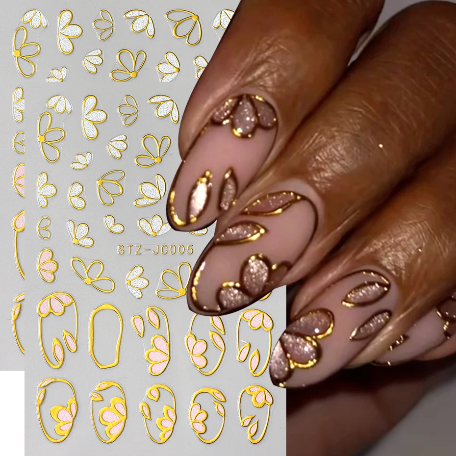 3D Bronzing Glitter Floral Nail Stickers Golden Petals White Daisy  Self-adhesive Decals Elegant Spring Design Manicure Sliders