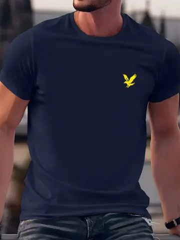 Verão masculino 100% algodão puro casual confortável solto oversized águia padrão impresso esportes em torno do pescoço manga curta camiseta