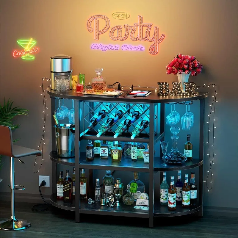 Bar Table Cabinet with Power Outlet, LED Home Mini Bar Cabinet for Liquor, Metal Wine Bar Stand with 4-Tier Storage