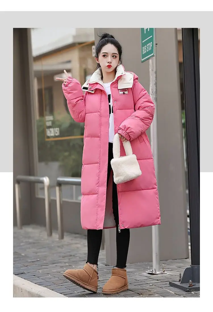 Long Hooded Puffer Coat Women Contrast Collar Warm Quilted Parka Zip‑Up Loose Windproof Winter Outerwear Ladies Padded Jacket