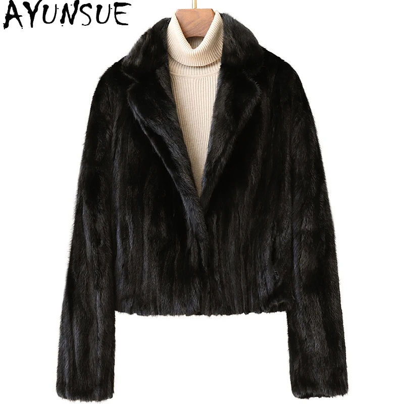 AYUNSUE Natürlicher Nerzpelzmantel, kurzer schwarzer Pelzmantel, Wintermäntel für Damen, Bürokleidung, hochwertige Damenkleidung, Servies Jegavera