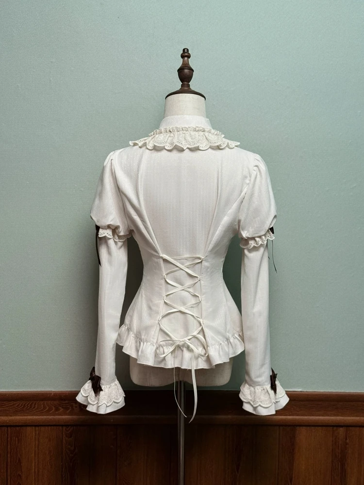 Japanes Sweet Lolita Style Bow Blouse Women Cute Y2k Aesthetic Slim Doll Collar Tops Autumn Elegant Long Sleeve Shirts New