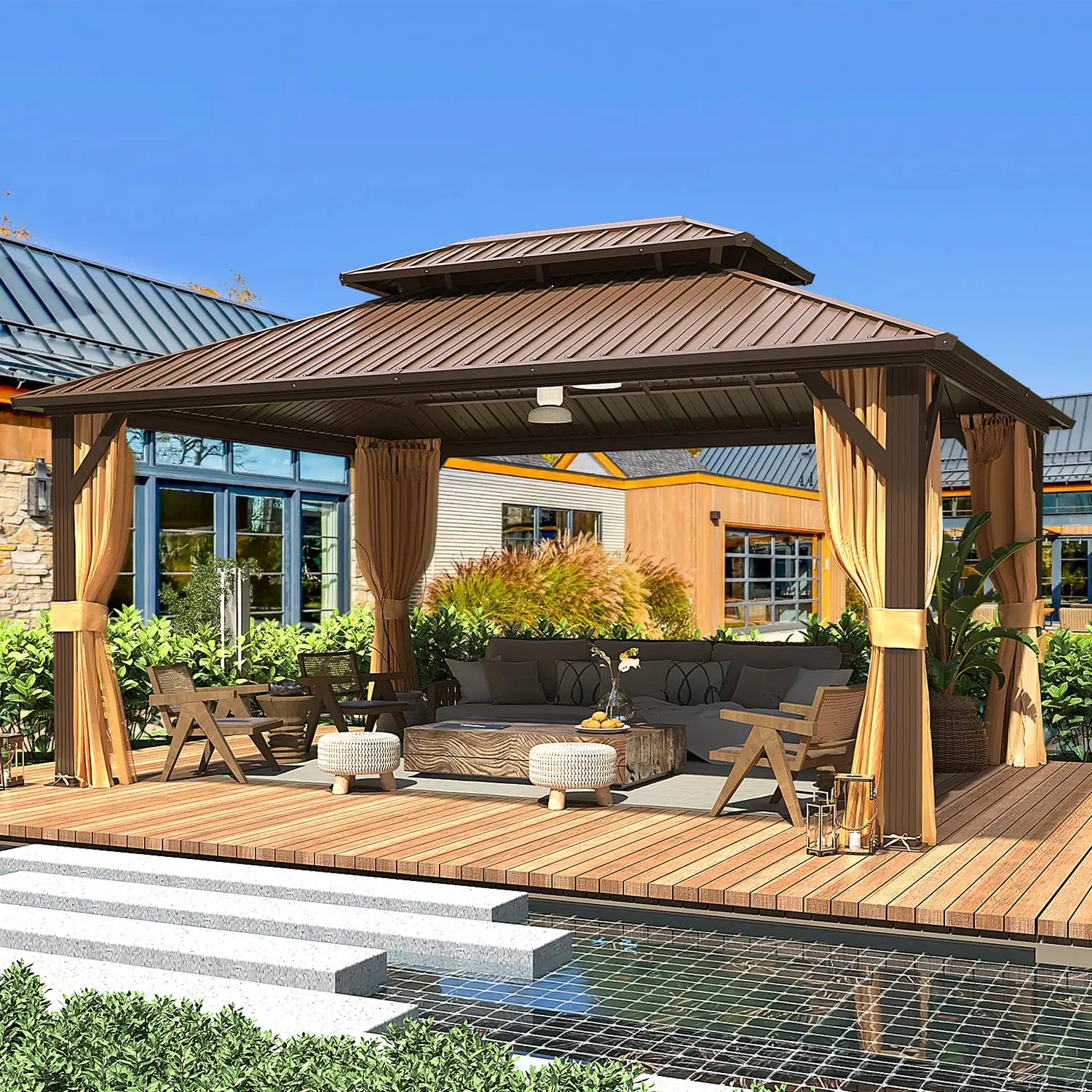 

Беседка с жесткой крышей 12' x 16' с двойной кровлей из оцинкованной стали, алюминиевым каркасом, шторами и москитной сеткой, на заказ