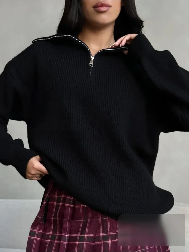 Fashion Black Sweater for Woman 2026 Autumn and Winter New Thicken Women's Sweater Half-zip Lapel Long Sleeves Knitwear Pullover