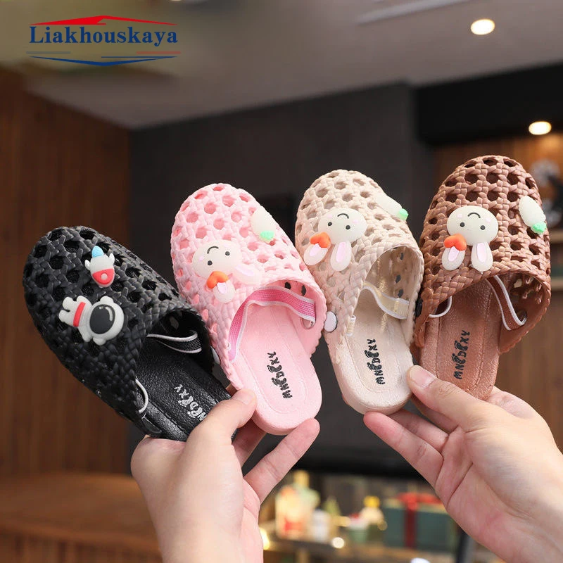 2-5 Year Kids Sandals For Little Girls Summer Rabbit Cover Toe Hollow-Out Soft Pu Leather Children Sliders Plain Garden Shoes