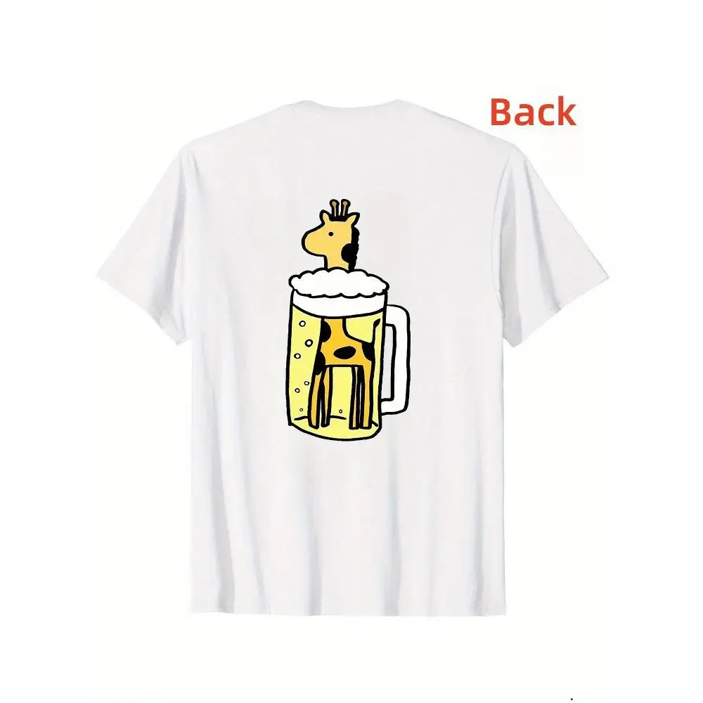Funny Giraffe Beer Mug Back Print T Shirt Unisex Large White Short Sleeve Round Neck Breathable Soft Cute Animal Graphic Tee