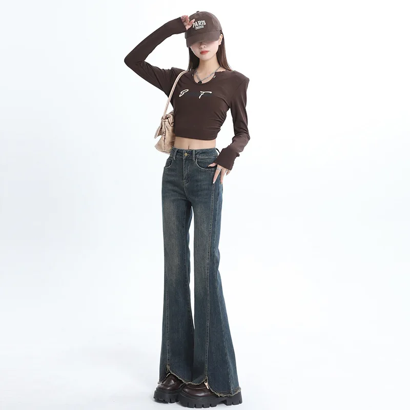 

Boweylun New Retro Do Old Micro Flared Jeans for Women Autumn High Waisted Fringed Split Denim Wide Leg Pants for Girls