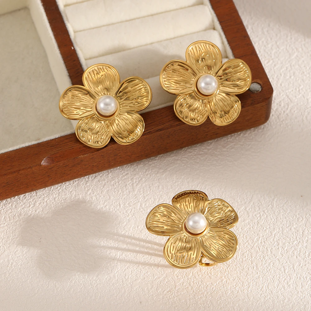 Fashion Pearl Flowers Stainless Steel Ring Earring Set 18K Gold Plated Waterproof Daily Jewelry Accessories for Women