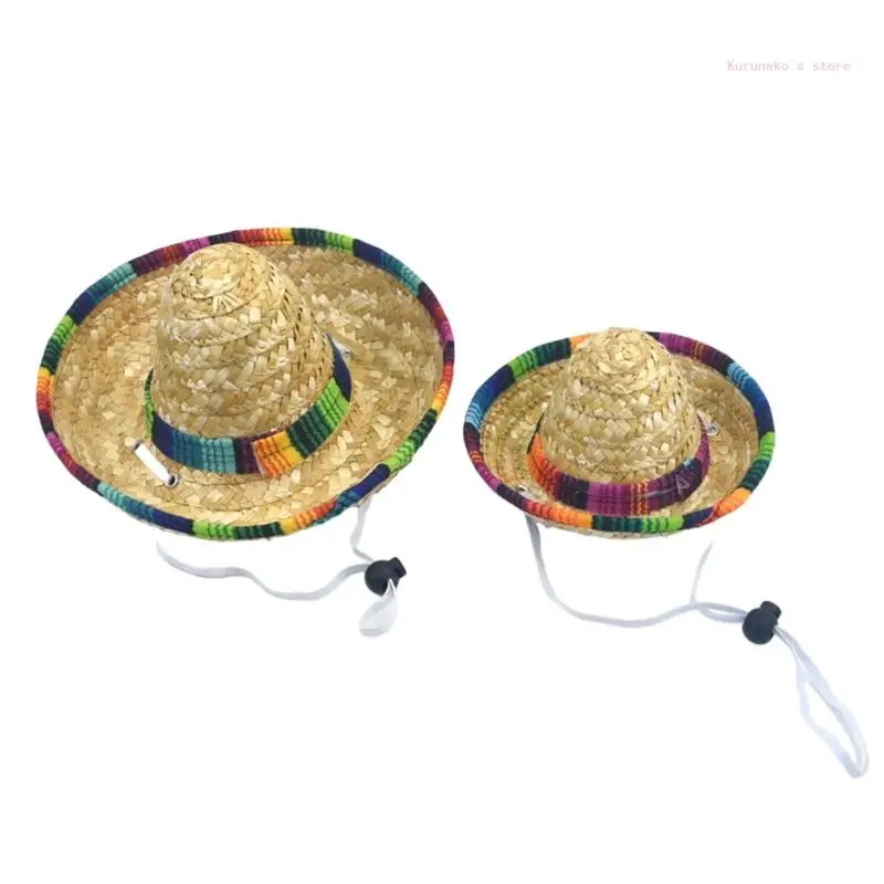 Mexico Straw Weaving Hat for Cat Summer Party Pet Dogs Sunproof Headwear Outdoor Summer Anti-Uv Accessories