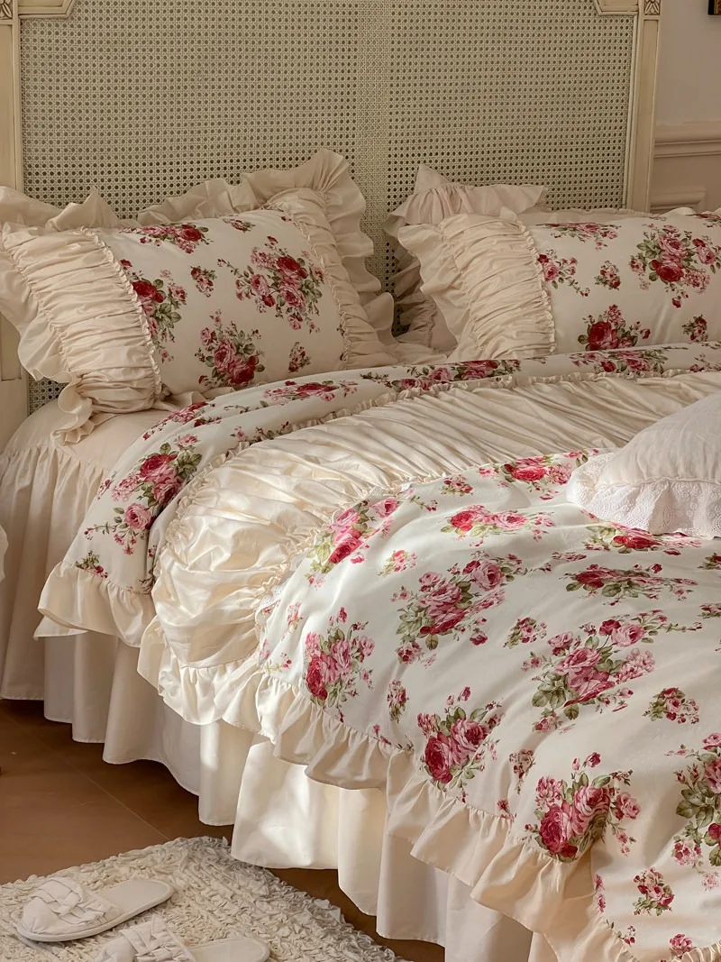 Elegant Lace Queen Bedding Set Romantic Ruffle Duvet Cover Design Bedding Floral Bed Set Bedroom Bed Sheets Luxury Bedding Sets