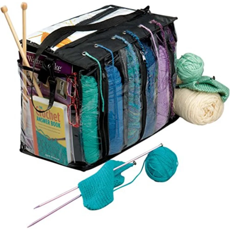 

Portable knitting yarn storage bag with multiple pockets and individual compartments for needles crochet hooks and threads clea
