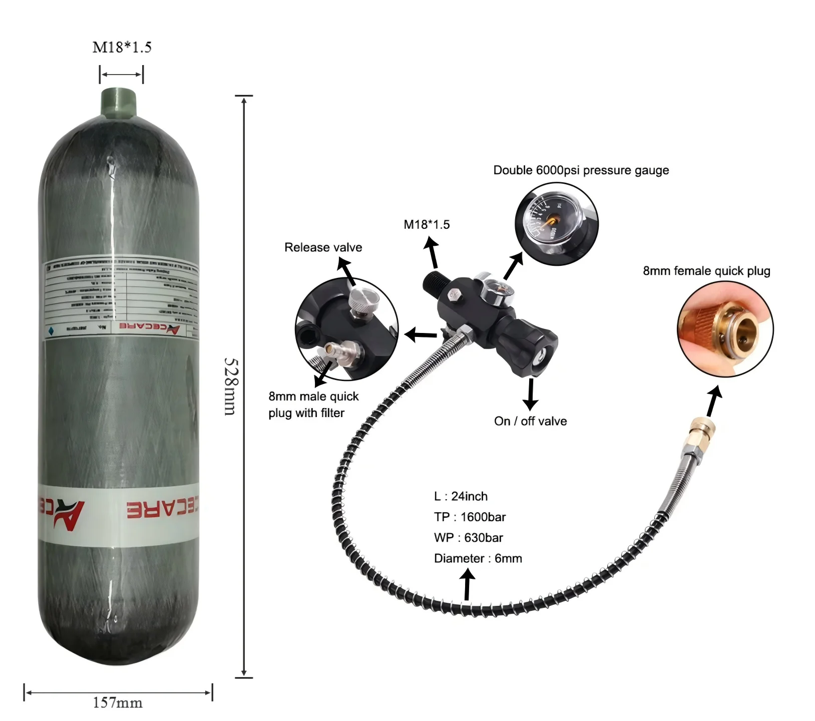 ACECARE 300Bar 6.8L Carbon Fiber Cylinder with Regulator Gauge valve 4500psi HPA Fill Station Tank Scuba Diving M18*1.5