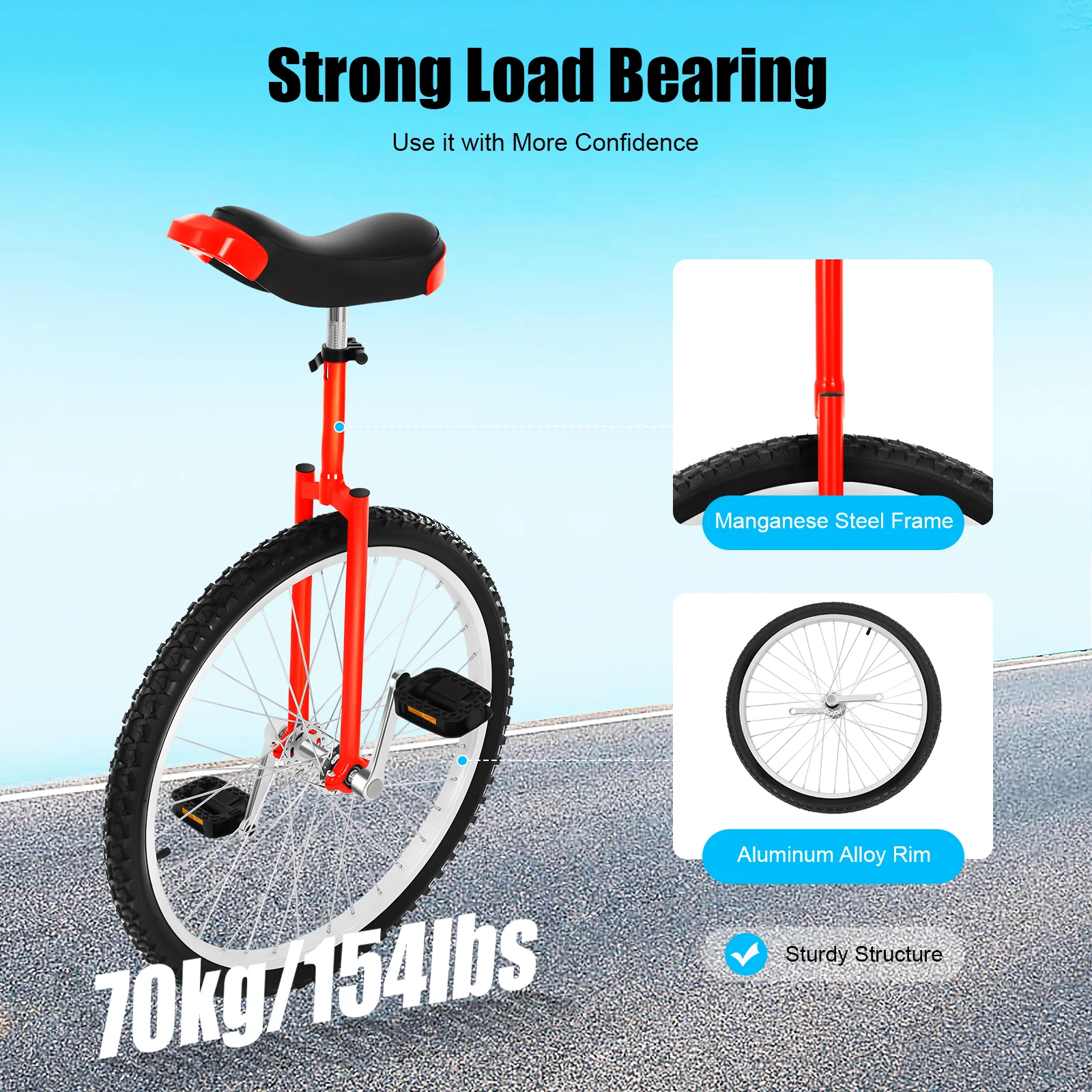 

24 Inch Unicycle Thickened Steel Pipe Adjustable Seat Sports Wheel Unicycle 36-Spokes