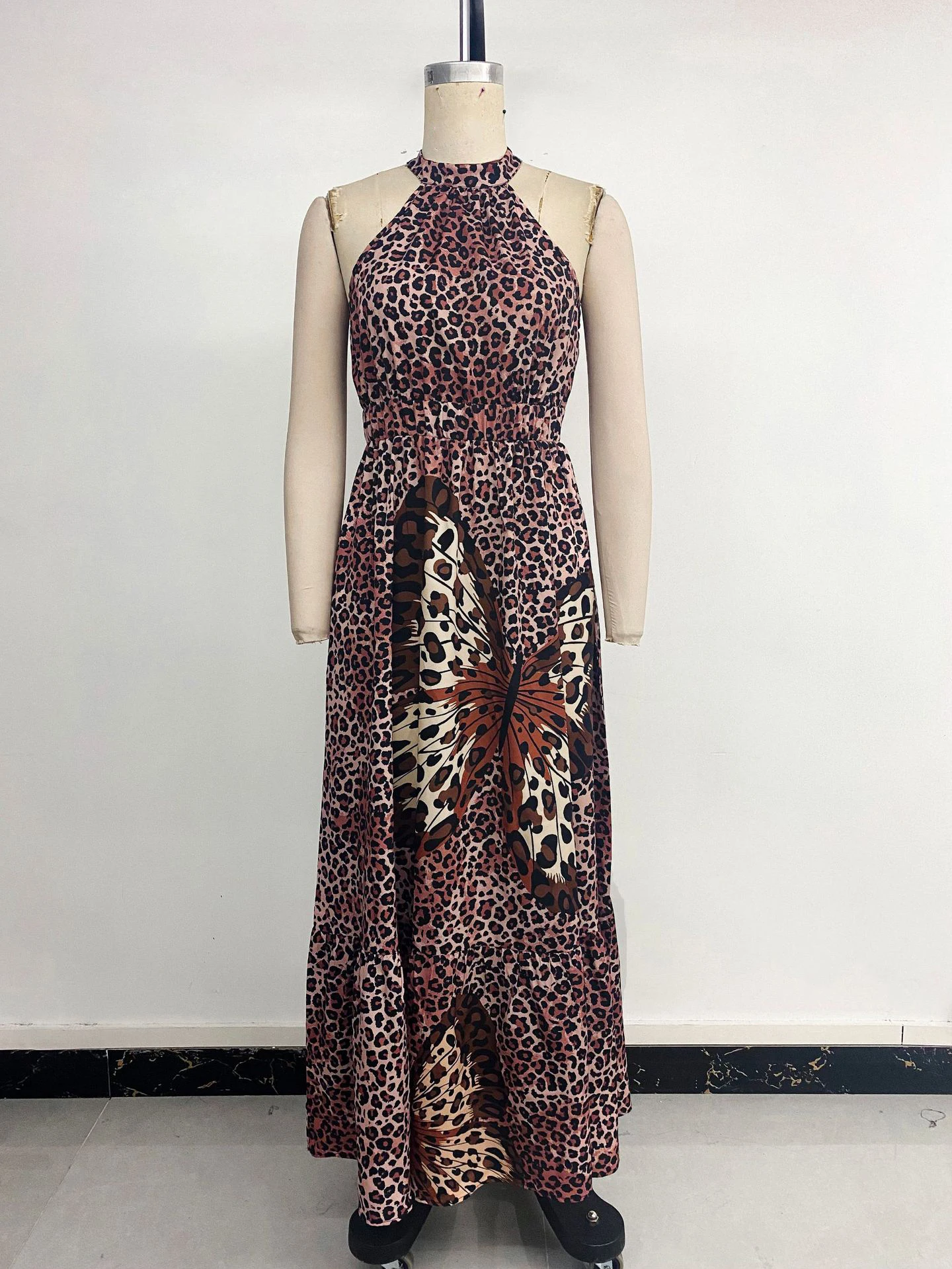 우아한 Boho 여성 여름 긴 드레스 섹시한 휴가 해변 Sundress 홀터 나비 레오파드 인쇄 오프 어깨 맥시 드레스