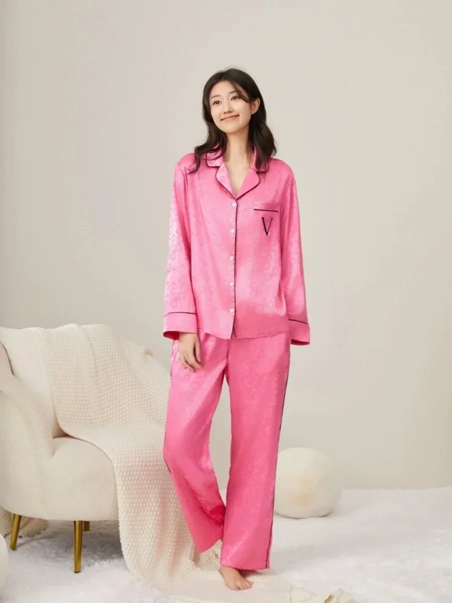 Spring and autumn silk pajamas high-end temperament men and women couple style long-sleeved trousers home clothes suit