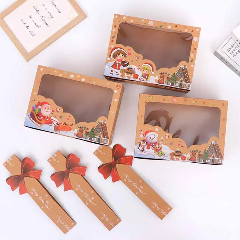 3/6/9/12pcs Merry Christmas Kraft Paper Clear Window Candy Box Santa Claus Kids Gift Cookie Packaging Bag Party New Year Navidad