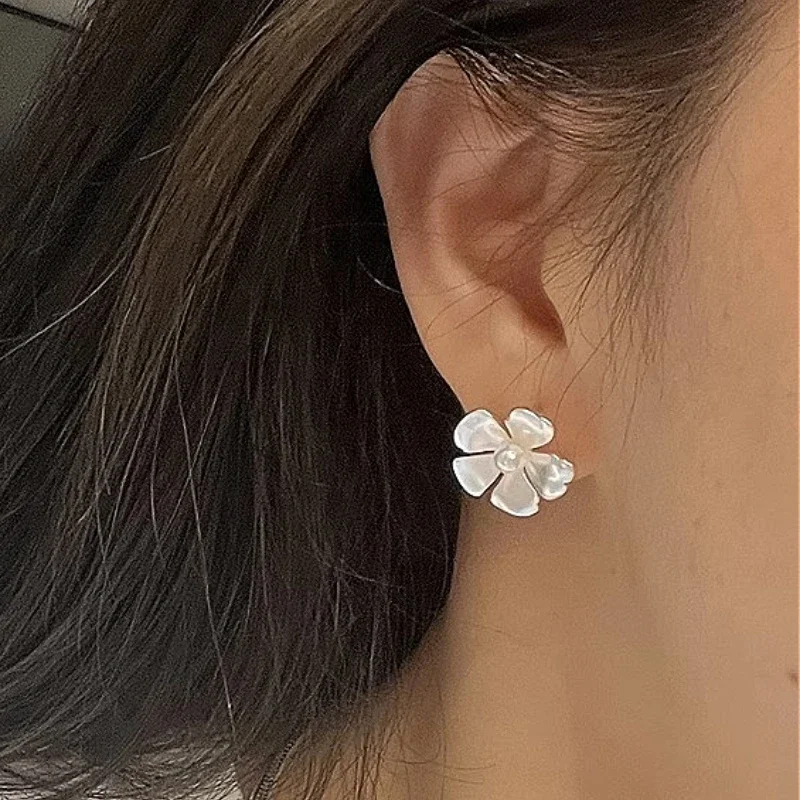 

925 Sterling Silver Chic Gardenia Flower Petal Pearl Plant Stud Earrings for Women Fine Jewelry High Luxury Vintage Accessories