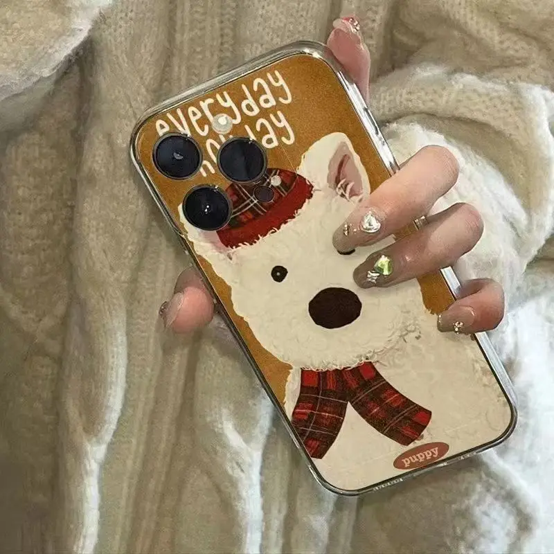 Elegant White Dog Phone Case For iPhone 16 15 14 13 12 11 Pro XS MAX 7 XR 8 7 Plus Clear Cover Fundas