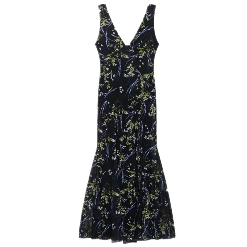 봄 여름 신상 여성 롱 플로럴 프린트 실크 메 스트랩 V넥 출퇴근 슬레 슬레브 기타 소재 00%