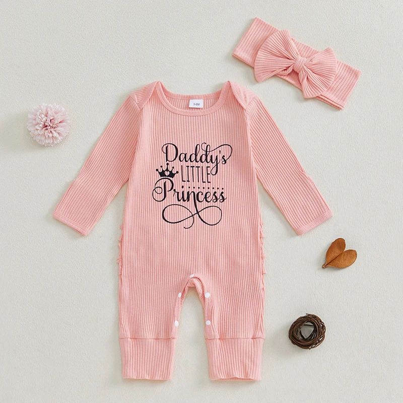 Newborn Baby Girl Jumpsuit Letter Print Footie Ribbed Long Sleeve Fall Romper Bow Headband Outfits